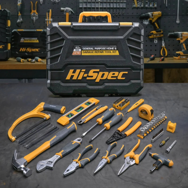 Hi-Spec 82 Pieces Household Tool Kit Set Workshop Hardware Daily Hand Tool Sets for Home Repair in Plastic Tool Box Storage Case