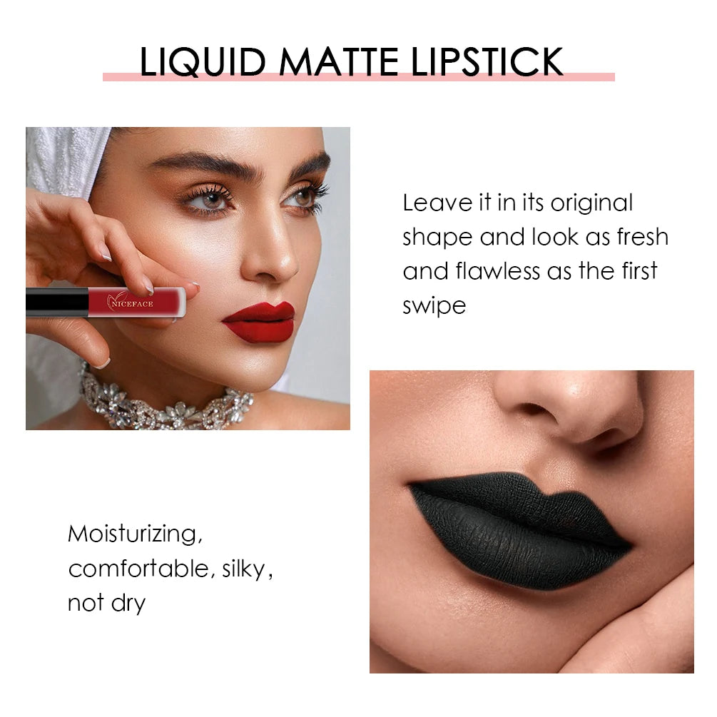 NICEFACE waterproof velvet liquid matte lipstick in red and black shades with a smooth, moisturizing, long-lasting finish.