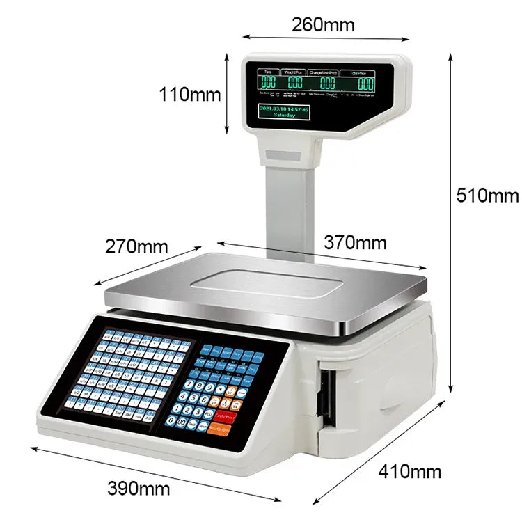Electronic price printing scale with front keypad and labeled size dimensions