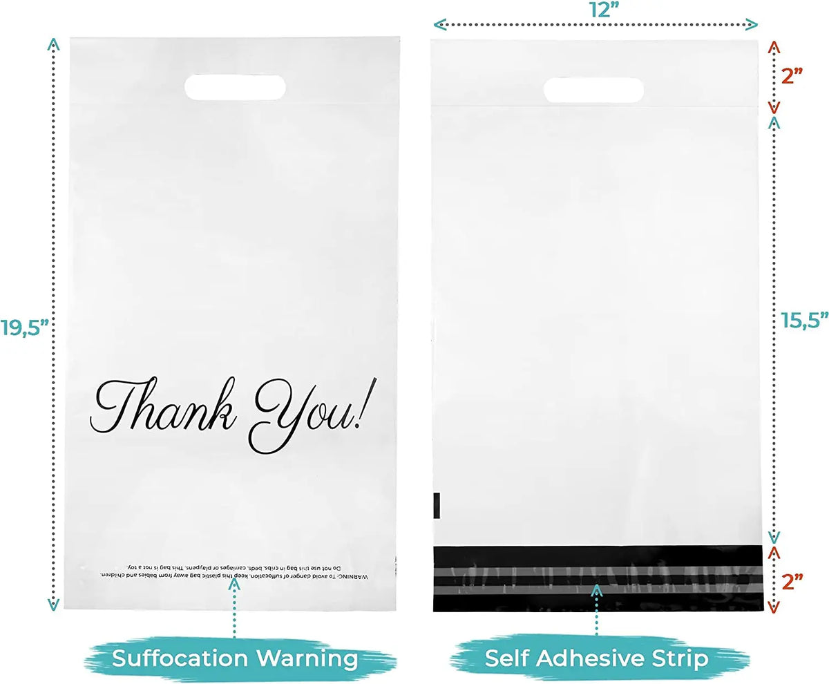 White handle mailer bag, front view with 'Thank You!' and self-adhesive strip
