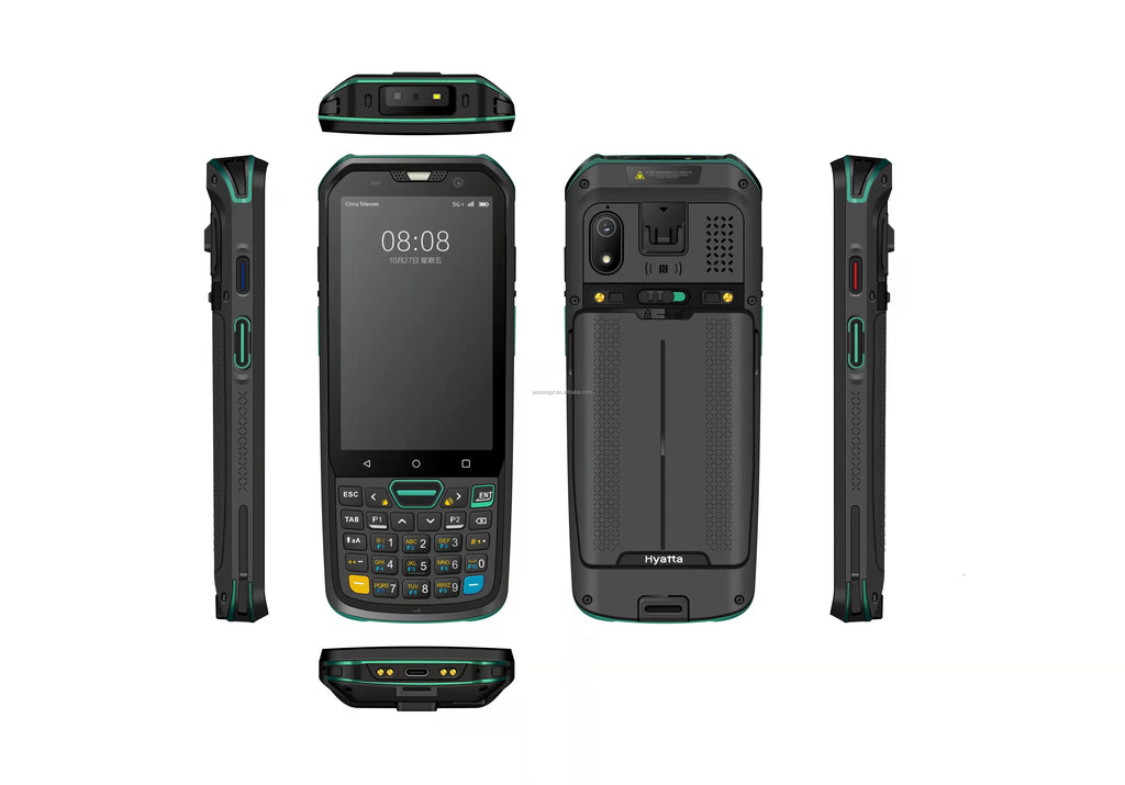 Rugged handheld scanner PDA shown from front, back, and side profiles with rugged casing.