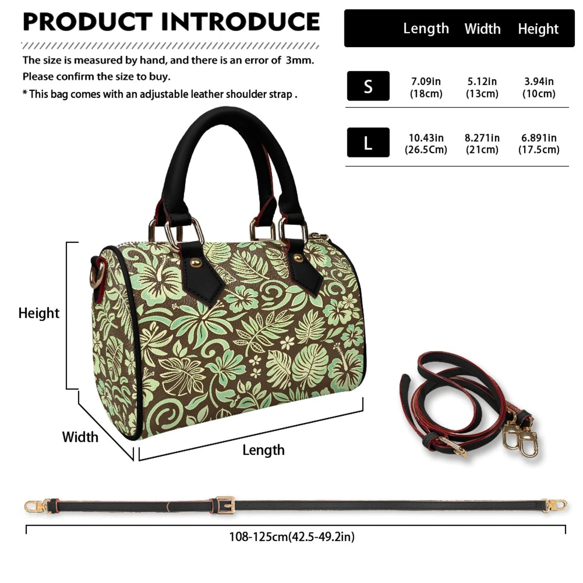 Brown and mint green floral print pillow-style trunk handbag with black leather handles and adjustable shoulder strap.