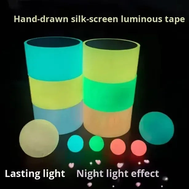 Set of multicolor glow tape rolls and glowing spheres, teal, yellow, green, and pink