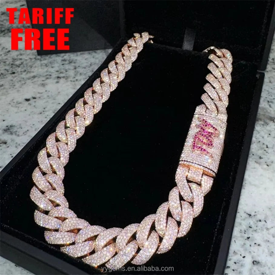 Custom Moissanite Heavy Silver Chain for Men 13mm-22mm Width S925 Solid Rose Gold Plated VVS Moissanite Diamond Cuban Link Chain
