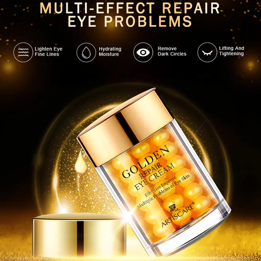 ARTISCARE 24K Gold Eye Cream and Serum set in a clear gold-capped jar for moisturizing, anti-aging, and skin repair.