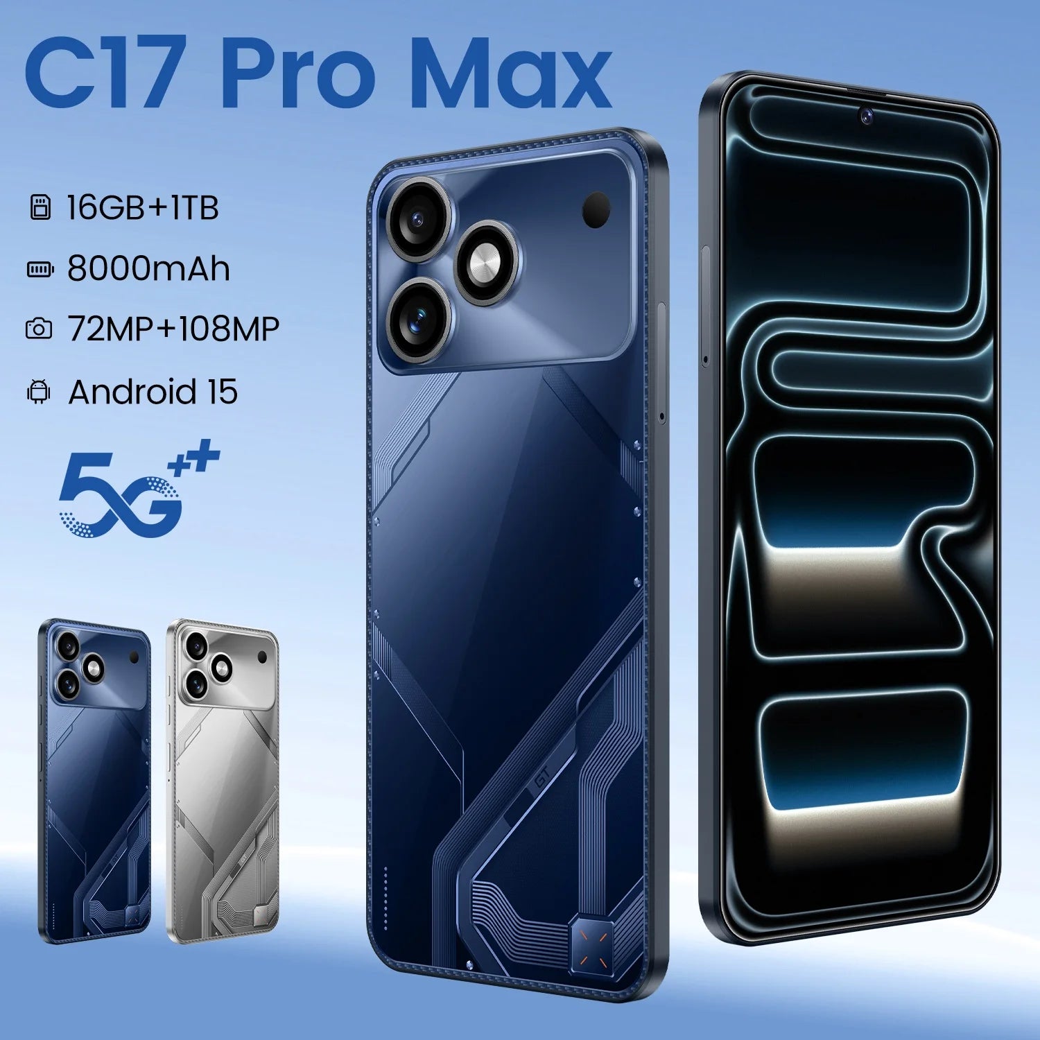 Tidesmit C17Pro smartphone with 7.3-inch display, 16GB RAM, 1TB storage, and 8000mAh battery for heavy usage.