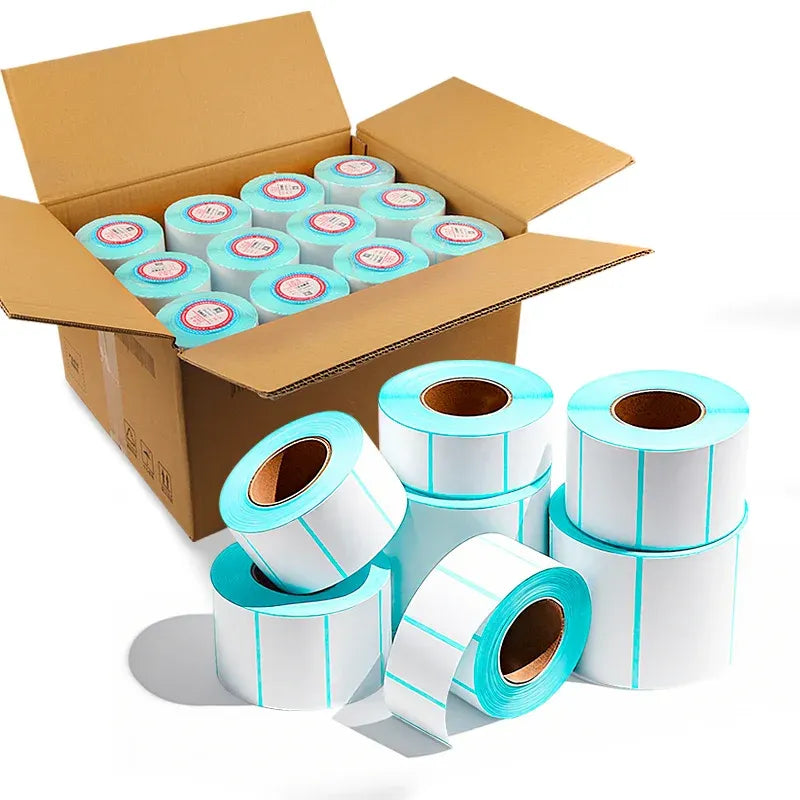 Boxed supply of sky blue and white thermal label rolls with cut label backing