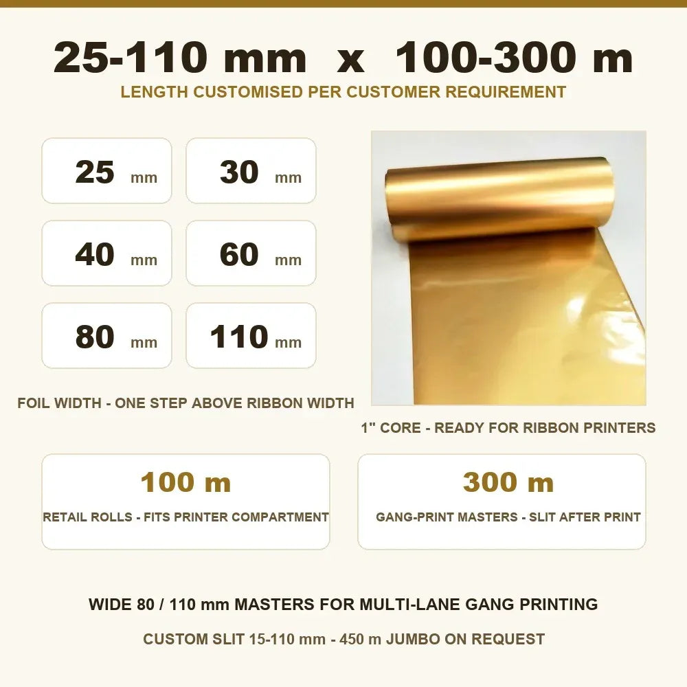 Gold metallic thermal transfer ribbon roll shown with size and length options.