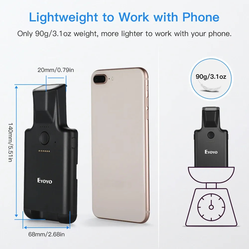 Eyoyo 2D barcode scanner size view with charger cord and manual shown