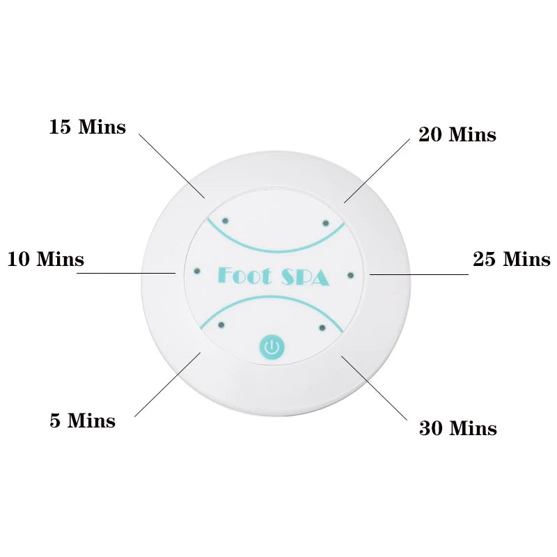 White ionic foot spa detox machine with timer settings from 5 to 30 minutes and power button, top view.