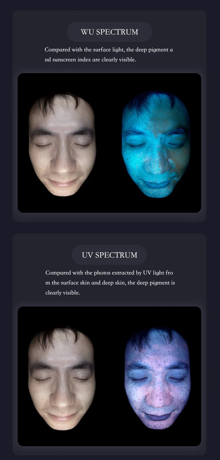 Smart facial skin analysis instrument showing WU and UV spectrum scans for pigment, sunscreen, and anti-aging detection.