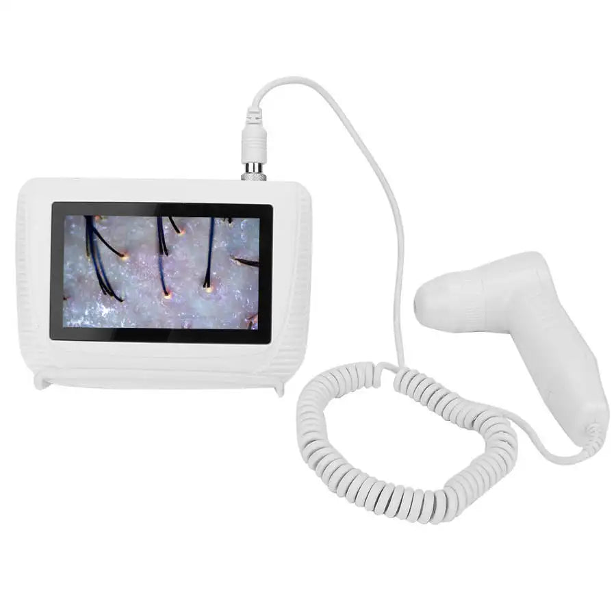 White portable skin and hair follicle analyzer with screen showing magnified scalp, oil, and hair details.