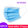 Blue 3-layer disposable face mask, non-woven meltblown fabric with elastic ear loops for dust protection.