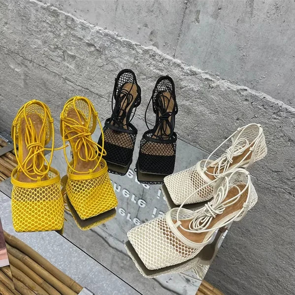 Ankle Strap Talon Haut 2022 Luxury Sexy Lace up Summer Mesh Sandals Square Toe Designer Shoes Women Heels