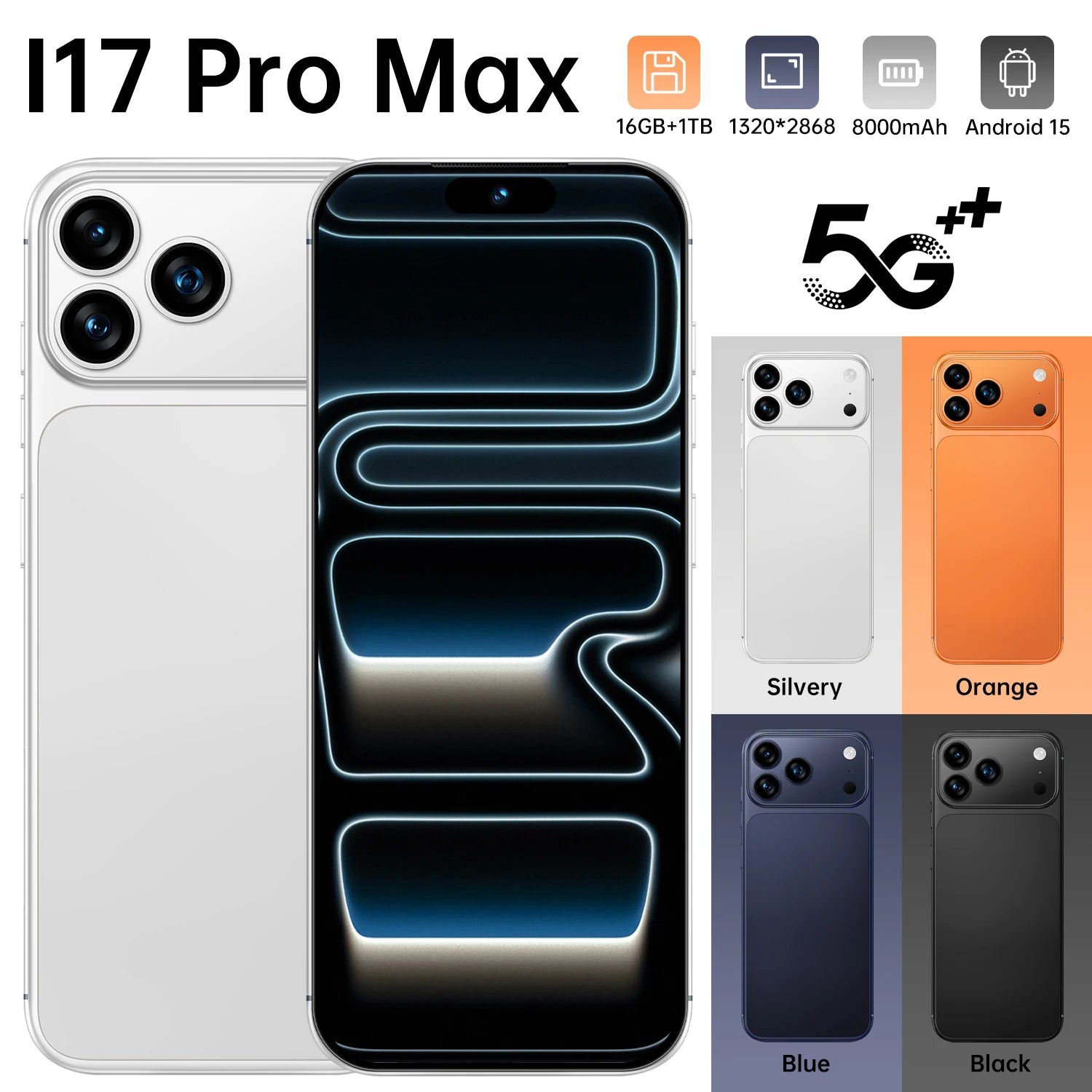 I17 Pro Max smartphone with 16GB RAM and 1TB storage, affordable global version dual SIM phone, side angle view.