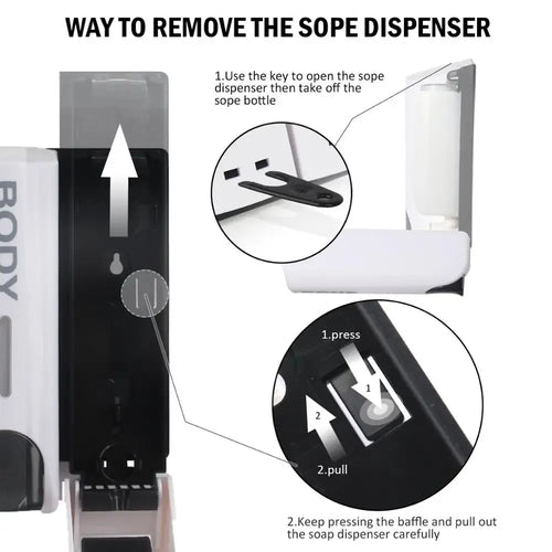 Wall-mount soap dispenser for plastic-free shampoo bars, side angle view showing removal instructions with key.