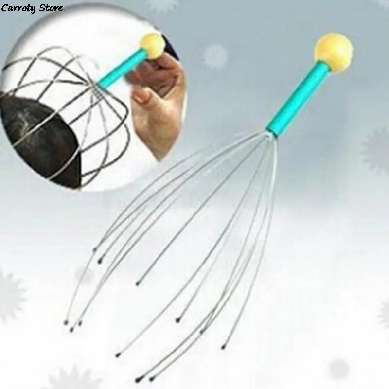Handheld octopus scalp massager with blue handle and metal claw wires for headache relief and stress reduction.