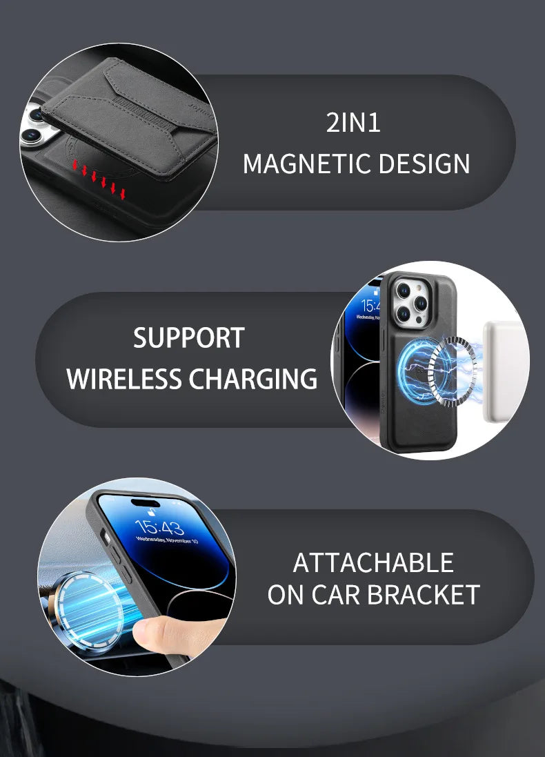 Denior | Magnetic Wallet Card Holder(5Cards) Wireless Charging Phone Case | for iPhone 16 15 14 13 12 Pro Max Plus Tidesmit