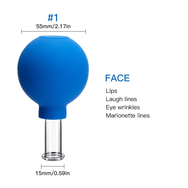 A blue silicone squeeze-bulb vacuum cup with a 15mm glass tip for facial massage, showing size measurements.
