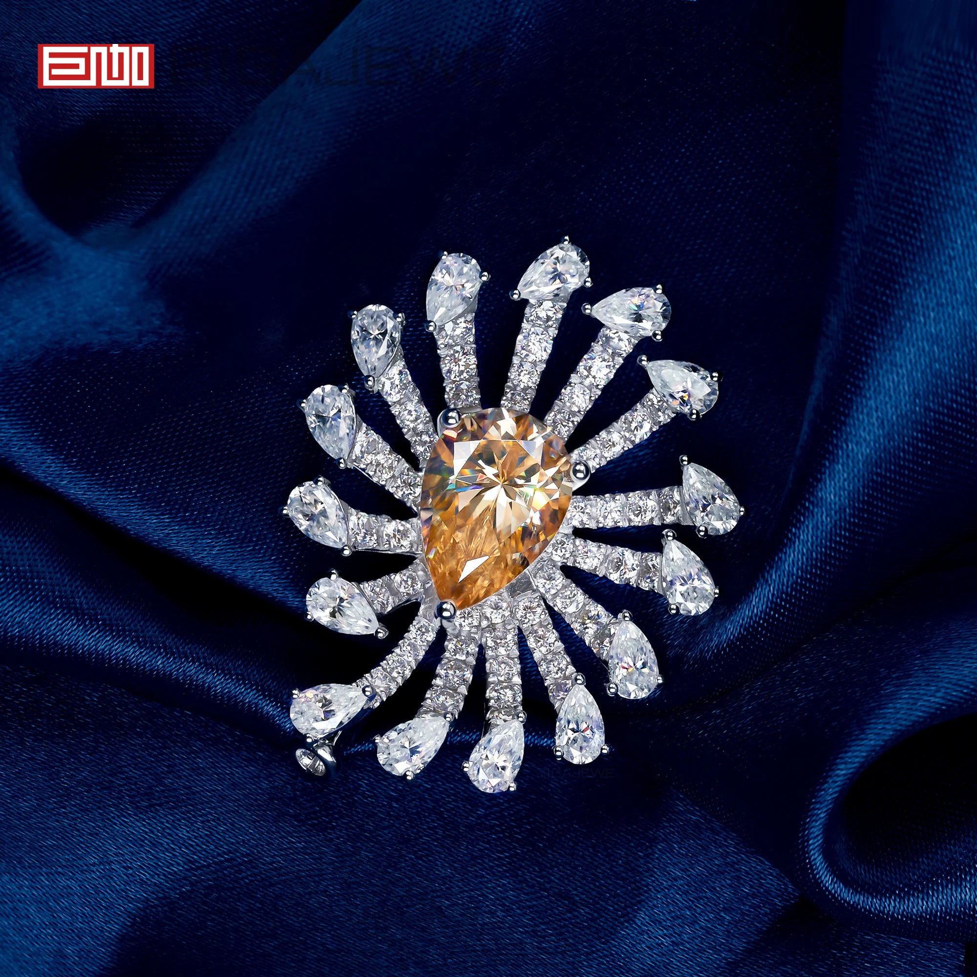 GIGAJEWE 9x13mm Pear Cut Cyan Brown Moissanite Sunburst Brooch 925 Sterling Silver Luxury Animal Flower Lapel Pin for Women