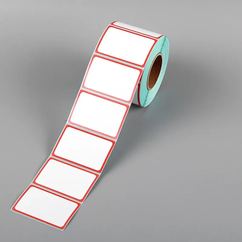 Self-adhesive thermal labels strip: white labels with red borders on blue backing