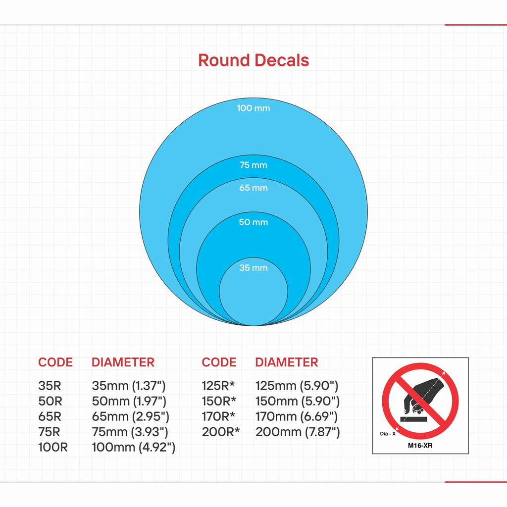 Round decal size chart showing diameter measurements and sticker codes