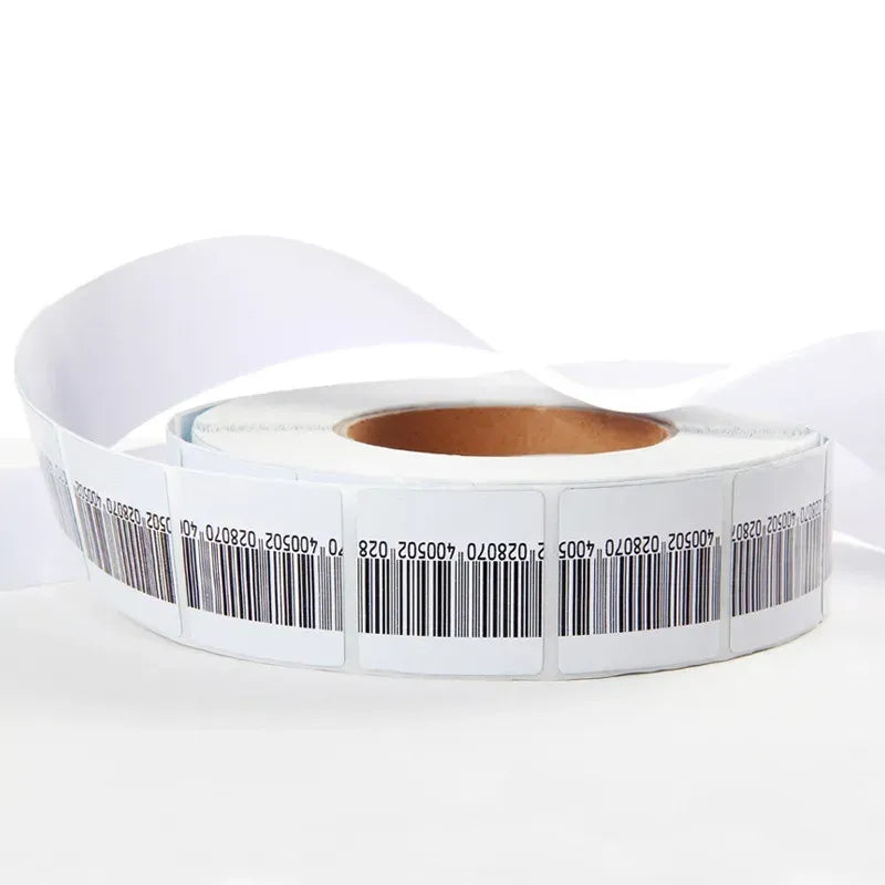RF EAS barcode soft label roll with several white label strips and barcodes