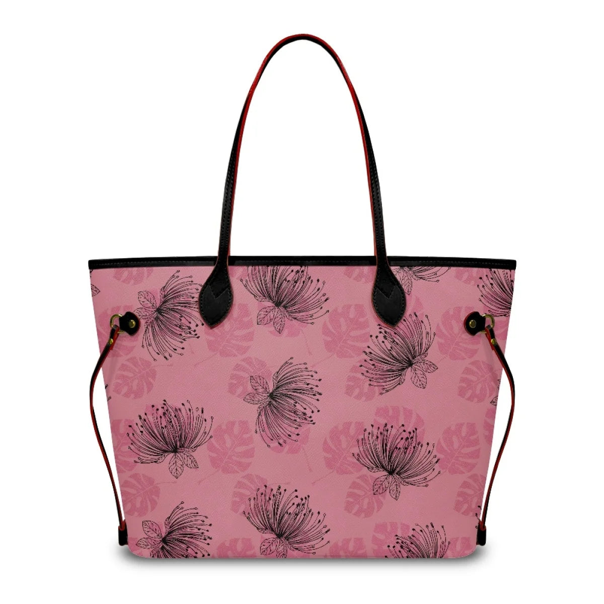 Pink leather designer tote bag featuring black Ohia Lehua flower print, black leather straps, and large capacity style.