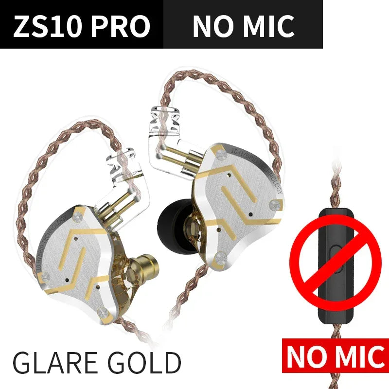 KZ ZS10 Pro 5-Driver Hybrid Hi-Fi In-Ear Monitors by Tidesmit GlareGlodNoMic Tidesmit