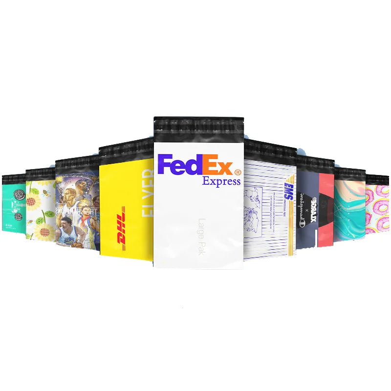 Stack of assorted shipping poly bags, including a FedEx Express white bag