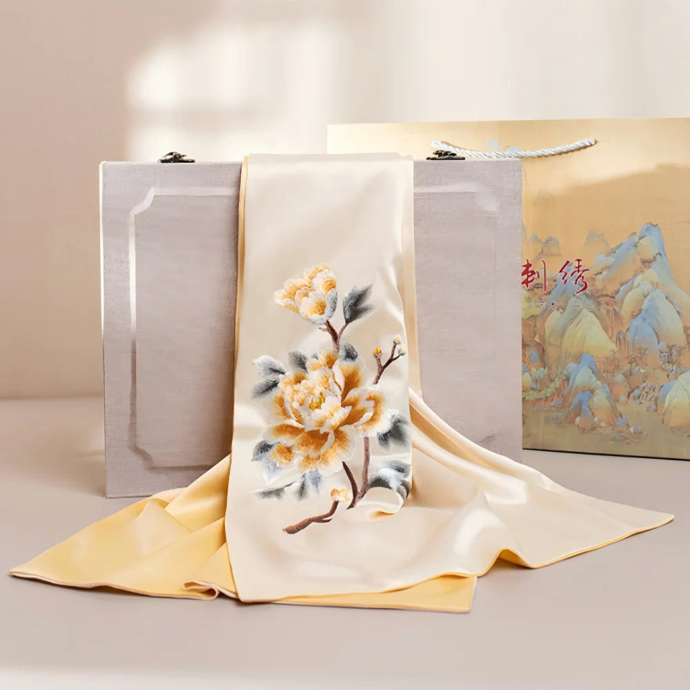 Luxury Artisan Gift Box: Embroidered Silk Scarf with Brooch