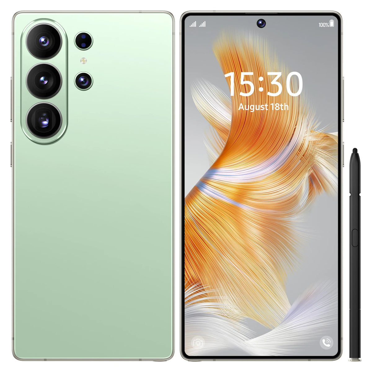 Light green smartphone with triple rear cameras and front display, plus side button and stylus.