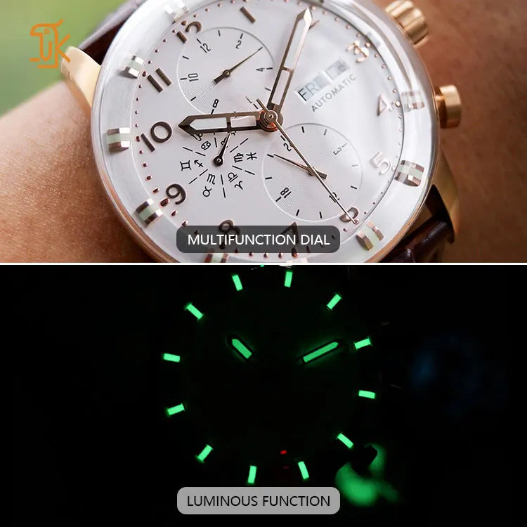 Mechanical Automatic Multifunctional Watch Stainless Steel Luminous Business Formal Dress Mens Wristwatch Clock Reojes De Hombre