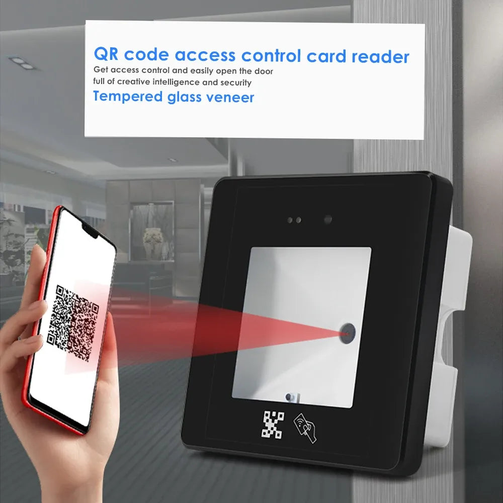 Black QR code access reader with a hand scanning via smartphone