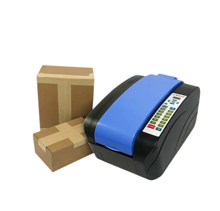 Electric water-activated tape dispenser with blue roll and black body beside shipping boxes