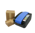 Electric water-activated tape dispenser with blue roll and black body beside shipping boxes
