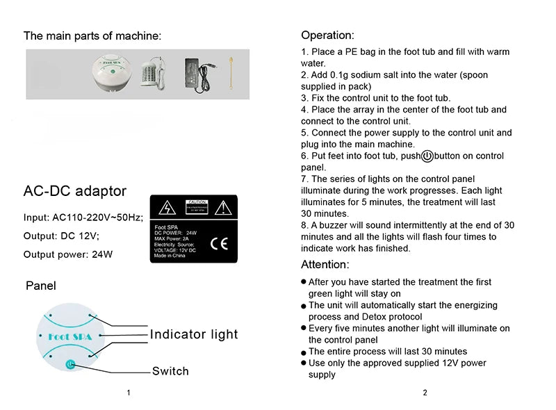 Ionic foot spa detox machine parts, control panel, and power adapter with step-by-step health therapy instructions.