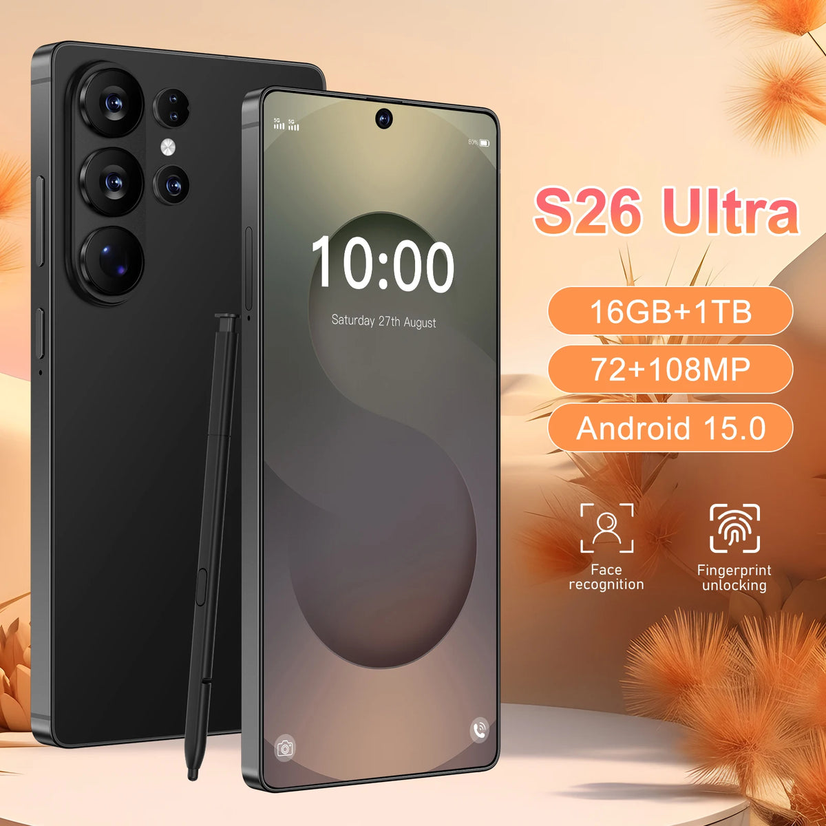 Black smartphone with quad rear cameras and stylus, large front display