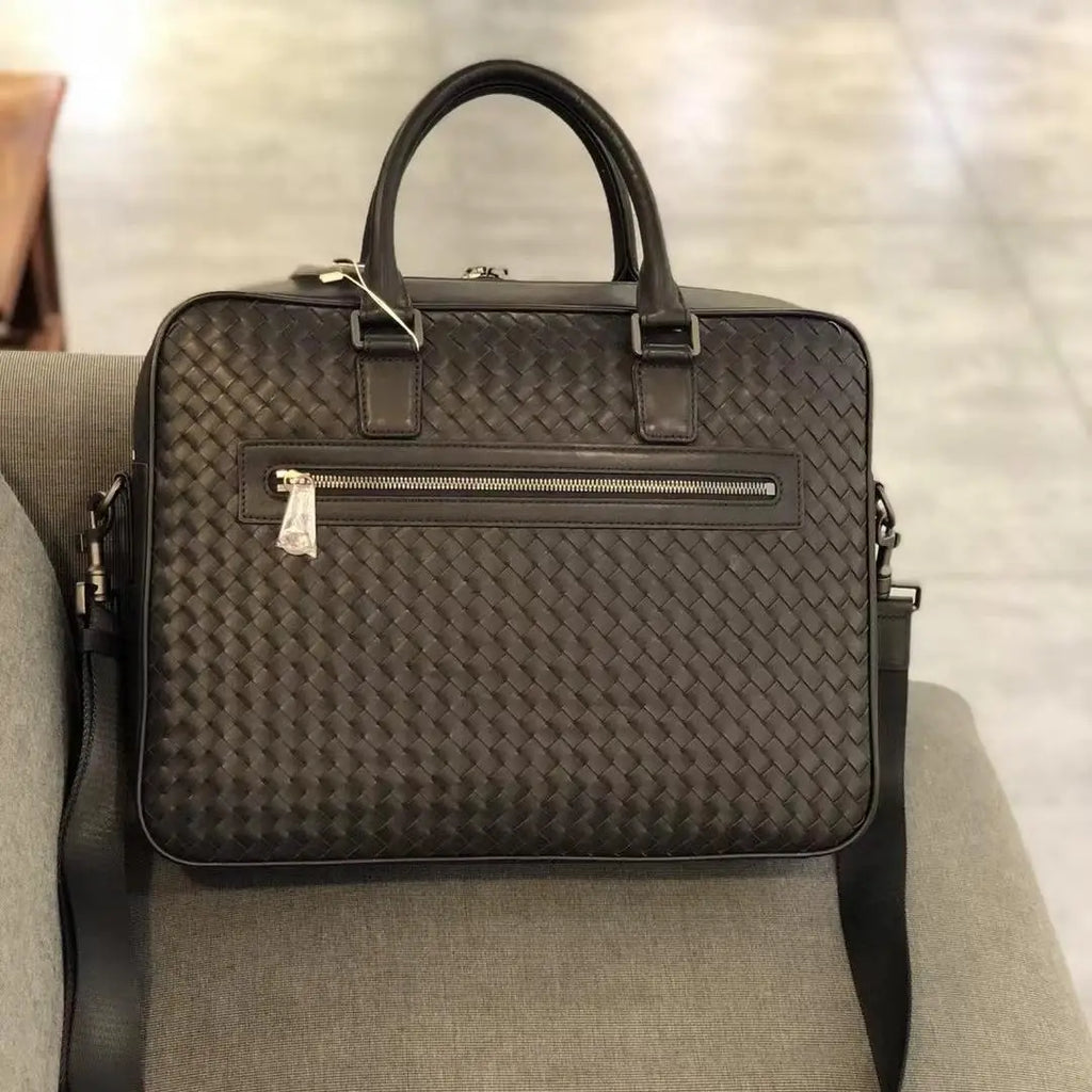 Luxury Hand-Woven Genuine Leather Briefcase Men Business Executive Laptop Bag 14 Inch Top Layer Cowhide Office Travel Handbag