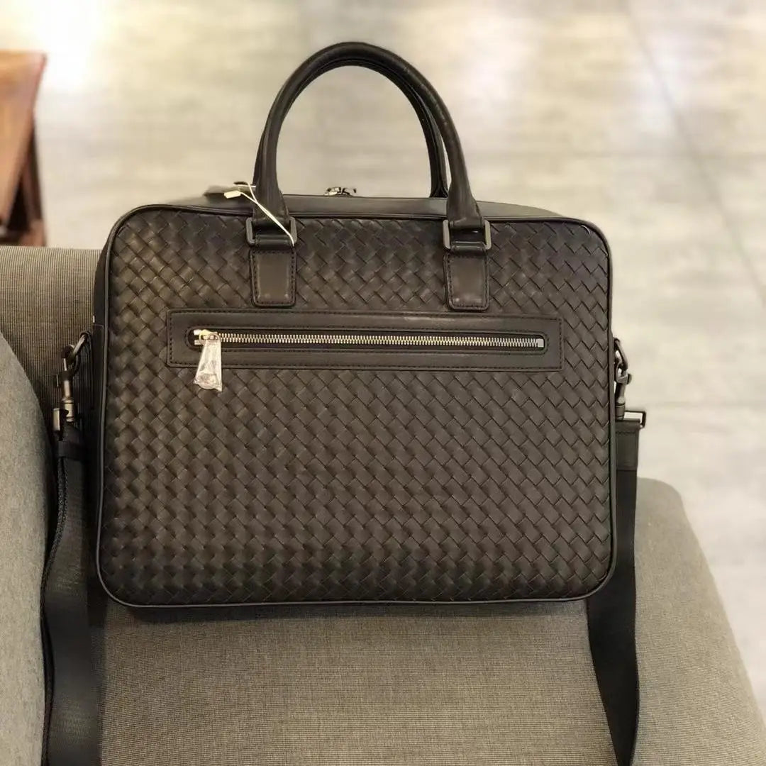 Luxury Hand-Woven Genuine Leather Briefcase Men Business Executive Laptop Bag 14 Inch Top Layer Cowhide Office Travel Handbag