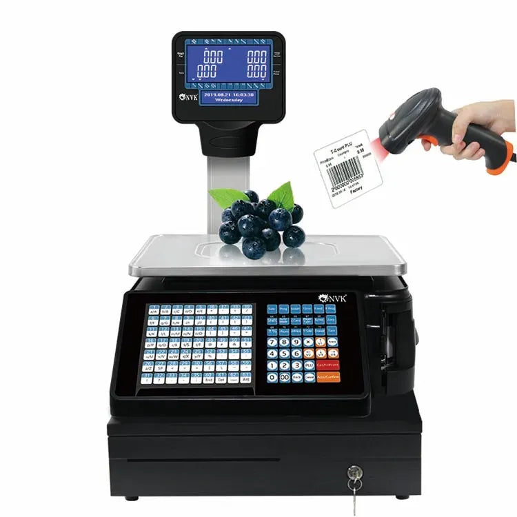 Digital weighing scale with LCD display, weighing platform, and handheld barcode scanner