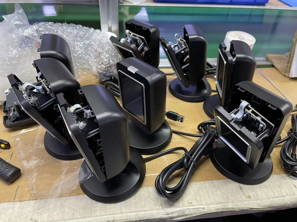 Desktop barcode scanners multi-pack with black stands and USB cables