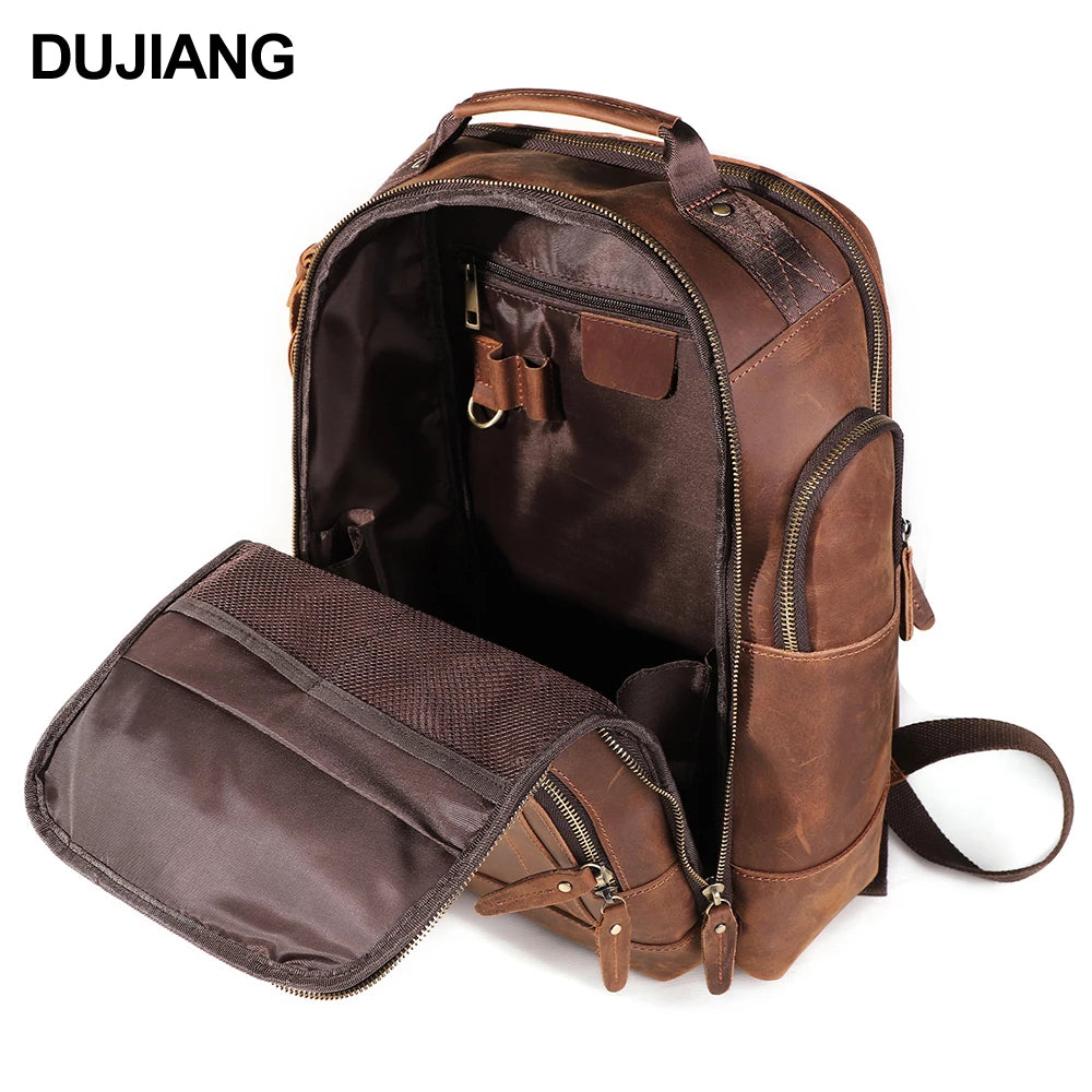 Premium Men's Crazy Horse Leather Backpack Large Capacity Business Casual Style with Fashion Accessory Shoulder Straps