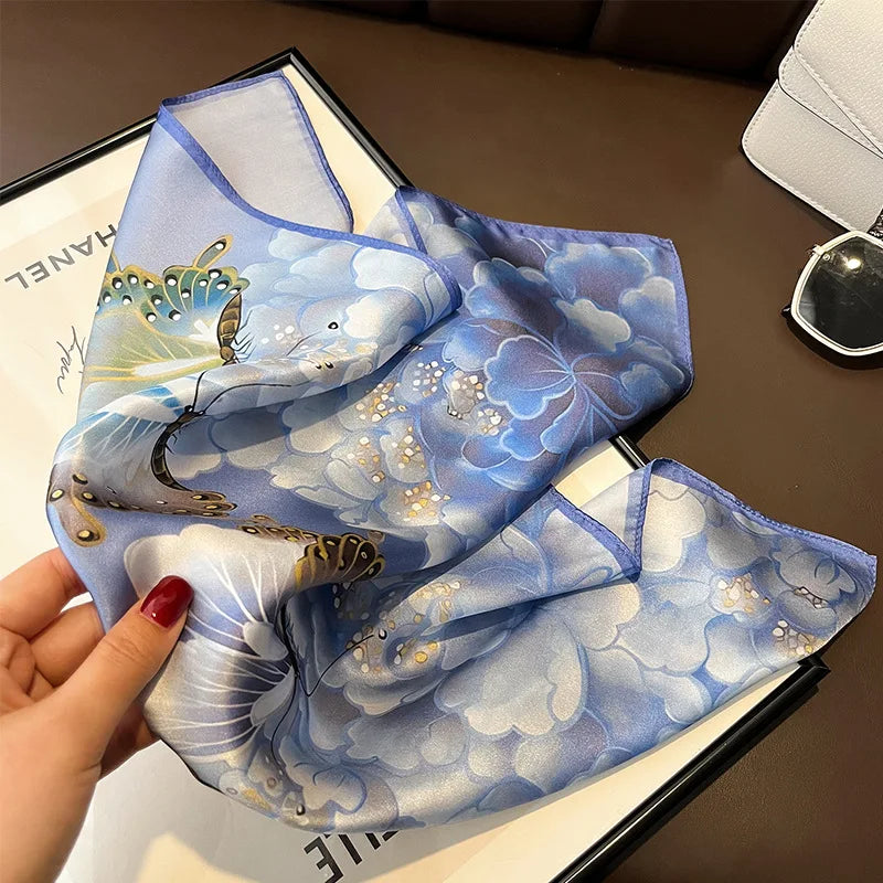 Women's Spring Autumn Mulberry Silk Square Scarf, Elegant Geometric Print, Soft & Smooth Neck Scarf