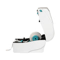 White desktop direct thermal printer with open cover and label roll installed