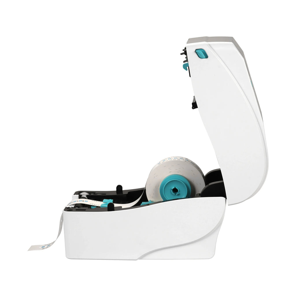 White desktop direct thermal printer with front label roll and open top cover.