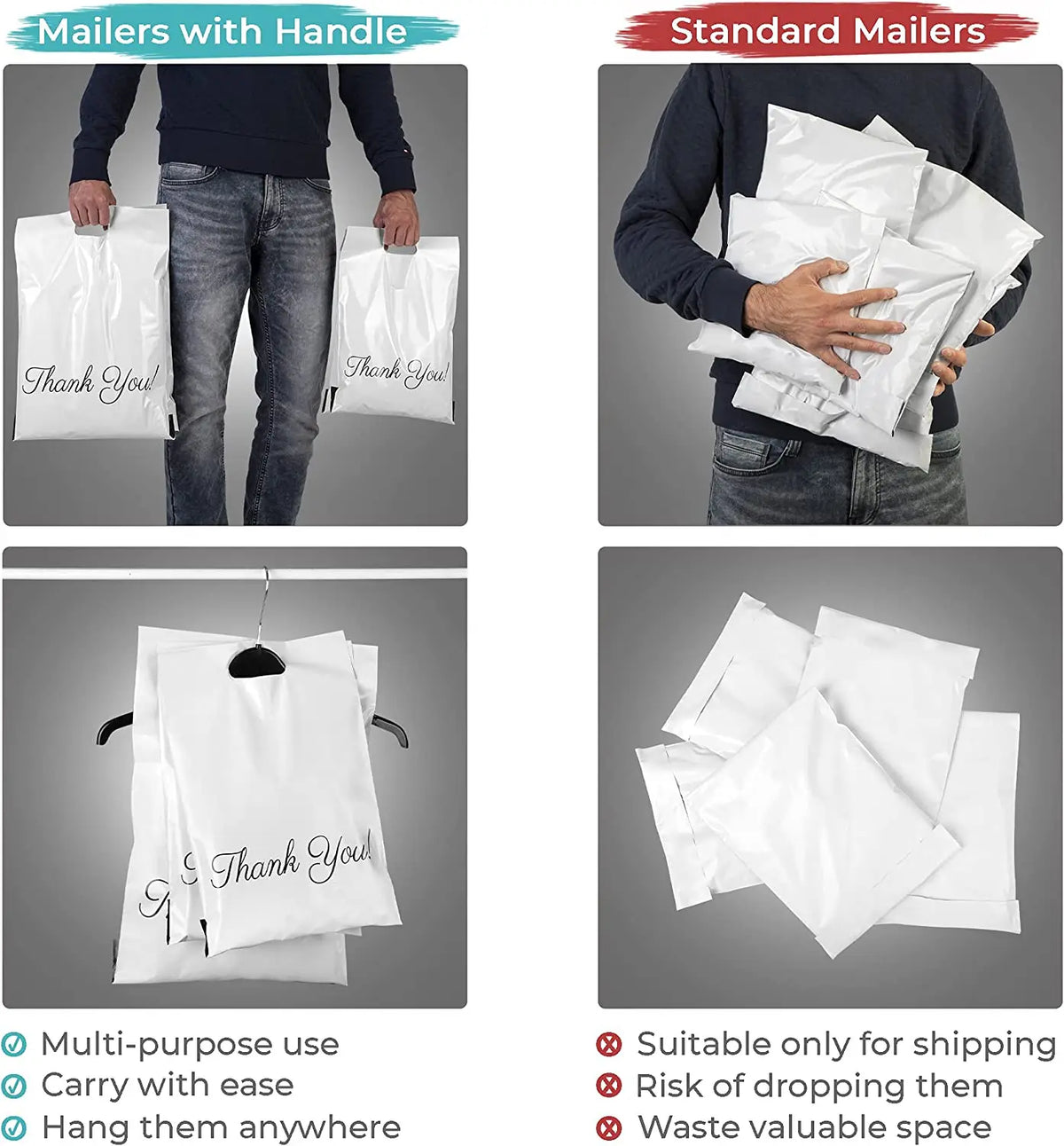 Set of white handle mailer bags with 'Thank You!' print