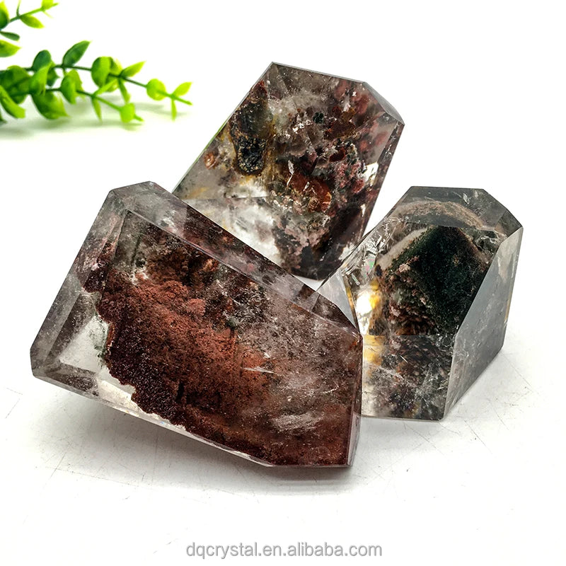 Natural quartz crystal freeform cluster, dark maroon inclusions, faceted points