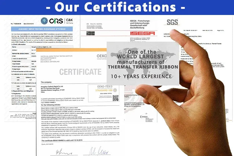 Thermal transfer ribbon certification page with multiple badges and a pointing hand