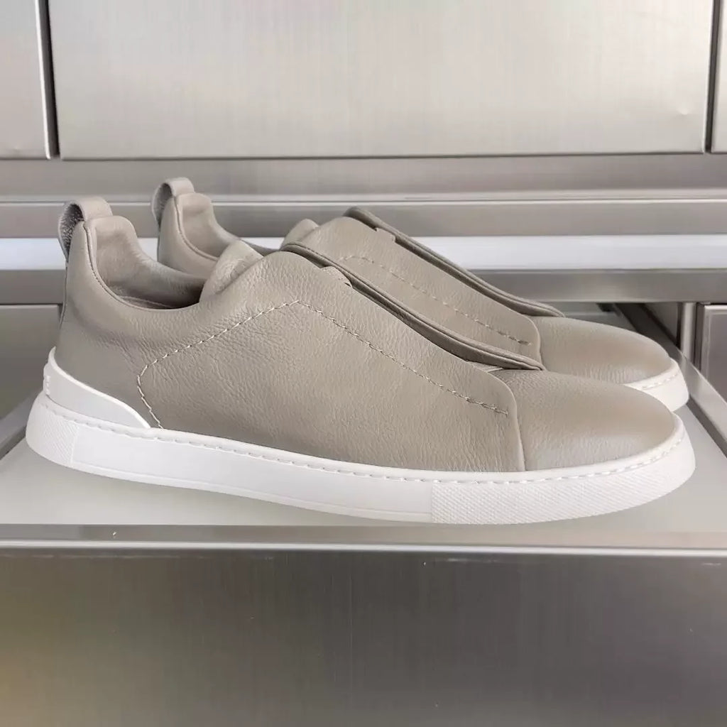 2026 Premium Men's Minimalist Sneakers Cream White Genuine Leather Slip-on Casual Shoes Luxury Grain Cowhide Loafers for Men